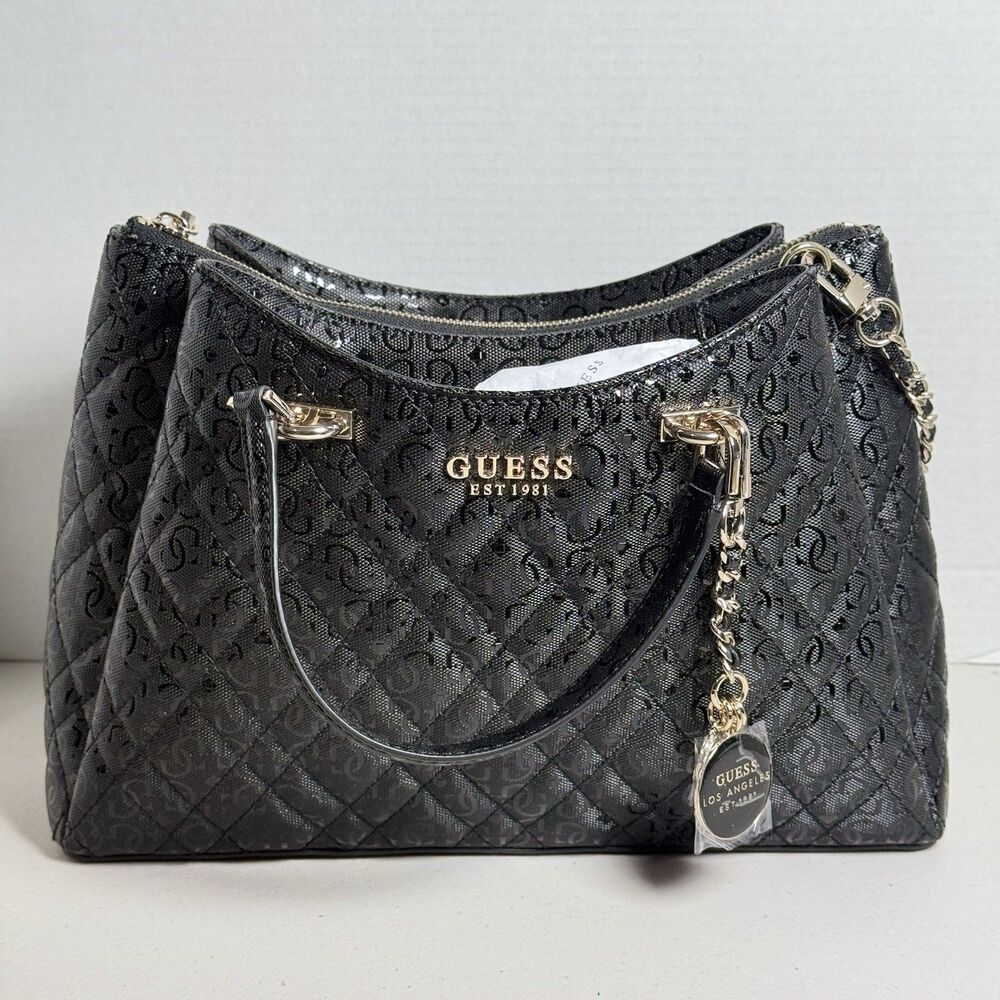 Guess Isemay Girlfriend Medium Satchel Shoulder Bag Black Gold